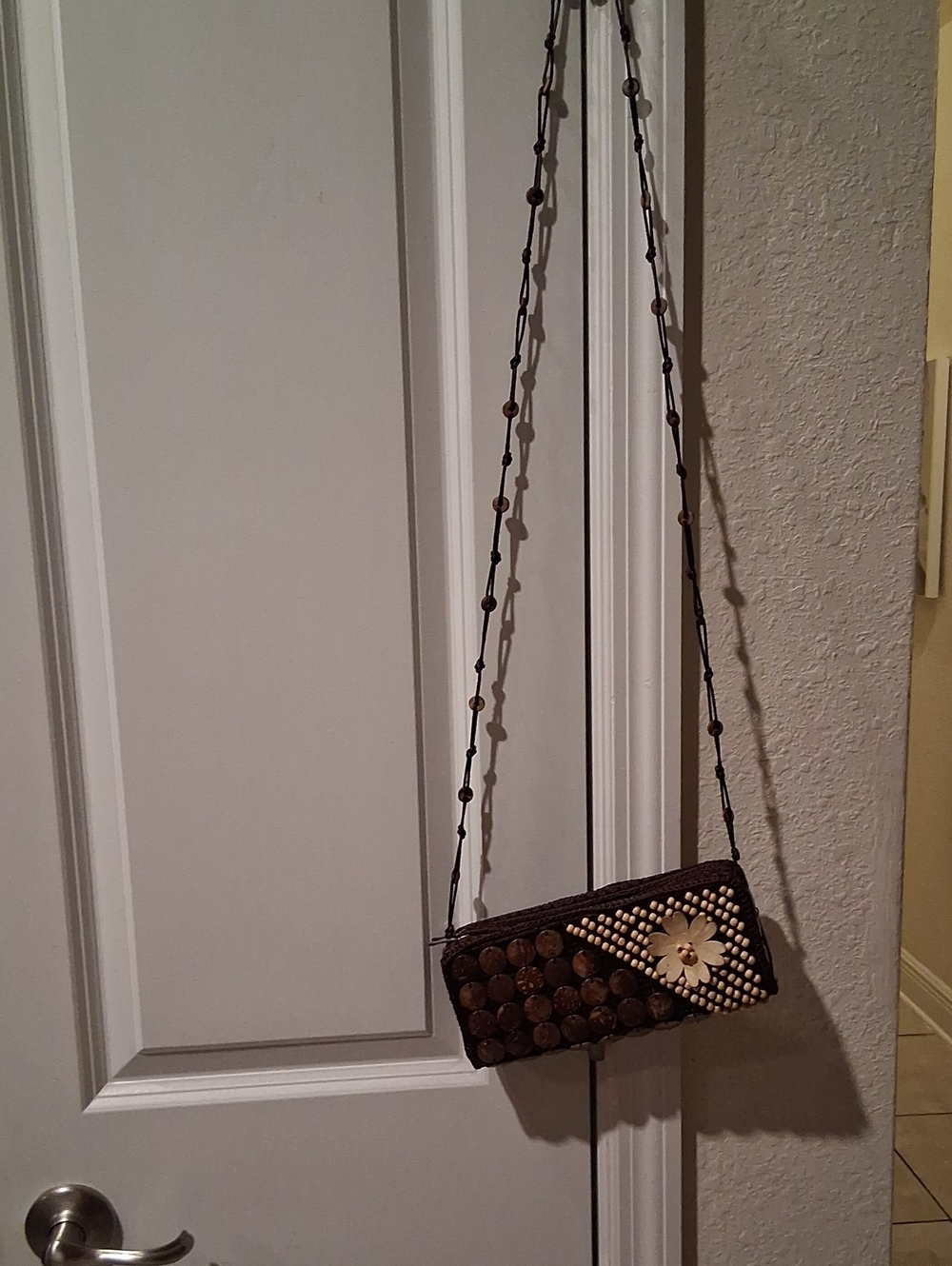 Dark Brown Beaded Crossbody Bag with Floral Accent